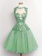 High-neck Sleeveless Quinceanera Dama Dress Knee Length Lace Apple Green Chiffon