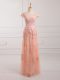 Peach Empire Lace and Appliques and Belt Prom Evening Gown Lace Up Tulle Cap Sleeves Floor Length Peach Empire Lace and Appliques and Belt Prom Evening Gown Lace Up Tulle Cap Sleeves Floor Length