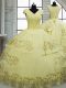 Light Yellow Satin and Chiffon Lace Up Vestidos de Quinceanera Cap Sleeves Brush Train Beading and Embroidery