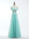 Apple Green Short Sleeves Lace and Appliques Floor Length Prom Evening Gown