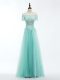 Apple Green Short Sleeves Lace and Appliques Floor Length Prom Evening Gown