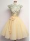 Dramatic Champagne A-line Scalloped Cap Sleeves Chiffon Knee Length Lace Up Lace and Belt Dama Dress for Quinceanera
