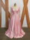 Baby Pink Empire Scoop Long Sleeves Elastic Woven Satin Backless Beading and Appliques Prom Evening Gown