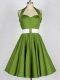 Knee Length Olive Green Quinceanera Court of Honor Dress Taffeta Sleeveless Belt