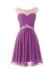 Shining Knee Length A-line Cap Sleeves Purple Evening Dress Zipper