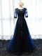 Pretty Half Sleeves Floor Length Lace and Appliques Lace Up Prom Dress with Navy Blue