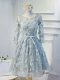 Knee Length Grey Homecoming Dress Organza Long Sleeves Lace and Appliques and Belt