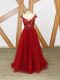 Lovely Red A-line V-neck Sleeveless Tulle Floor Length Criss Cross Lace and Appliques Evening Dress