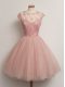 Peach Ball Gowns Tulle Scoop Cap Sleeves Lace Knee Length Lace Up Court Dresses for Sweet 16
