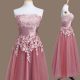 Captivating Pink Empire Tulle Strapless Sleeveless Appliques Tea Length Lace Up Court Dresses for Sweet 16