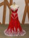High Class Beading and Lace and Appliques Prom Dress Red Zipper Cap Sleeves Brush Train