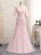 Modern Baby Pink Tulle Zipper V-neck Half Sleeves Floor Length Homecoming Dress Lace and Appliques