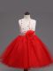 Scoop Sleeveless Kids Pageant Dress Knee Length Appliques and Hand Made Flower Red Organza