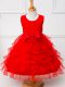 New Style Tea Length Zipper Little Girls Pageant Dress Wholesale Red for Wedding Party with Ruffled Layers and Bowknot