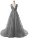 Charming Organza V-neck Sleeveless Brush Train Backless Ruching Prom Dresses in Grey