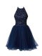 Decent Navy Blue Sleeveless Mini Length Beading Zipper Evening Dress