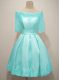 Custom Design Aqua Blue Court Dresses for Sweet 16 Prom and Party and Wedding Party with Lace Off The Shoulder Half Sleeves Lace Up