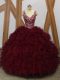 Floor Length Burgundy Quince Ball Gowns Organza Sleeveless Beading and Ruffles