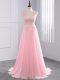 Fashion Baby Pink Chiffon Side Zipper V-neck Sleeveless Prom Dress Brush Train Appliques