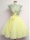 High Class Yellow A-line Scalloped Cap Sleeves Chiffon Knee Length Lace Up Lace and Belt Dama Dress
