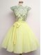 High Class Yellow A-line Scalloped Cap Sleeves Chiffon Knee Length Lace Up Lace and Belt Dama Dress High Class Yellow A-line Scalloped Cap Sleeves Chiffon Knee Length Lace Up Lace and Belt Dama Dress