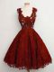 Fancy A-line Dama Dress for Quinceanera Rust Red Straps Lace Sleeveless Knee Length Lace Up