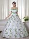 Adorable Short Sleeves Organza Floor Length Lace Up Vestidos de Quinceanera in White with Embroidery