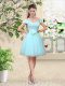 Aqua Blue Lace Up V-neck Lace and Belt Quinceanera Court of Honor Dress Tulle Cap Sleeves
