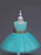 Designer Sleeveless Tulle Knee Length Zipper Flower Girl Dresses in Aqua Blue with Lace and Bowknot