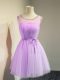 Knee Length Lace Up Dama Dress Lavender for Prom and Party and Wedding Party with Belt