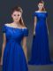 Short Sleeves Floor Length Appliques Lace Up Prom Evening Gown with Blue