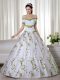 Ball Gowns Quinceanera Gowns White Off The Shoulder Organza Short Sleeves Floor Length Lace Up