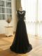 Shining Floor Length Black Prom Evening Gown Tulle Sleeveless Lace and Appliques