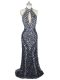 Designer Black Column/Sheath Tulle Halter Top Sleeveless Beading Zipper Evening Dress Brush Train