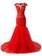 Gorgeous Red Prom Dress Prom and Party and Military Ball with Lace and Appliques and Ruching Scoop Cap Sleeves Brush Train Zipper