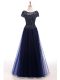 Short Sleeves Floor Length Beading Lace Up Prom Gown with Navy Blue
