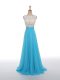 Customized Baby Blue Empire Chiffon Scoop Sleeveless Lace and Appliques Floor Length Side Zipper Prom Gown