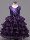 Pretty Dark Purple Ball Gowns Organza Scoop Sleeveless Ruffled Layers and Sequins Tea Length Zipper Girls Pageant Dresses