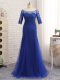 Half Sleeves Tulle Zipper Prom Dresses in Royal Blue with Lace and Appliques