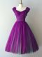V-neck Cap Sleeves Quinceanera Court Dresses Knee Length Ruching Purple Chiffon