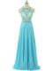 Aqua Blue Empire Beading Prom Dress Zipper Chiffon Sleeveless Floor Length