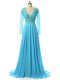 Comfortable Baby Blue Chiffon Zipper V-neck Long Sleeves Prom Evening Gown Brush Train Beading