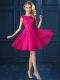 Knee Length Fuchsia Dama Dress for Quinceanera Tulle Cap Sleeves Lace and Belt