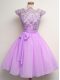 Luxurious Lilac Cap Sleeves Chiffon Lace Up Quinceanera Dama Dress for Prom and Party and Wedding Party