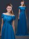 Royal Blue Chiffon Lace Up Prom Dresses Short Sleeves Floor Length Appliques