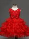 Red Organza Zipper Girls Pageant Dresses Sleeveless Knee Length Lace and Ruffled Layers and Bowknot