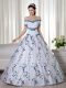 Clearance White Ball Gowns Organza Off The Shoulder Short Sleeves Embroidery Floor Length Lace Up Sweet 16 Dresses