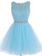 Baby Blue Tulle Zipper Prom Dress Sleeveless Mini Length Beading and Lace and Appliques