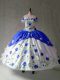 Traditional Blue And White Off The Shoulder Lace Up Embroidery and Ruffles Vestidos de Quinceanera Cap Sleeves  Traditional Blue And White Off The Shoulder Lace Up Embroidery and Ruffles Vestidos de Quinceanera Cap Sleeves