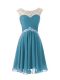 Teal Cap Sleeves Knee Length Beading Zipper Prom Party Dress